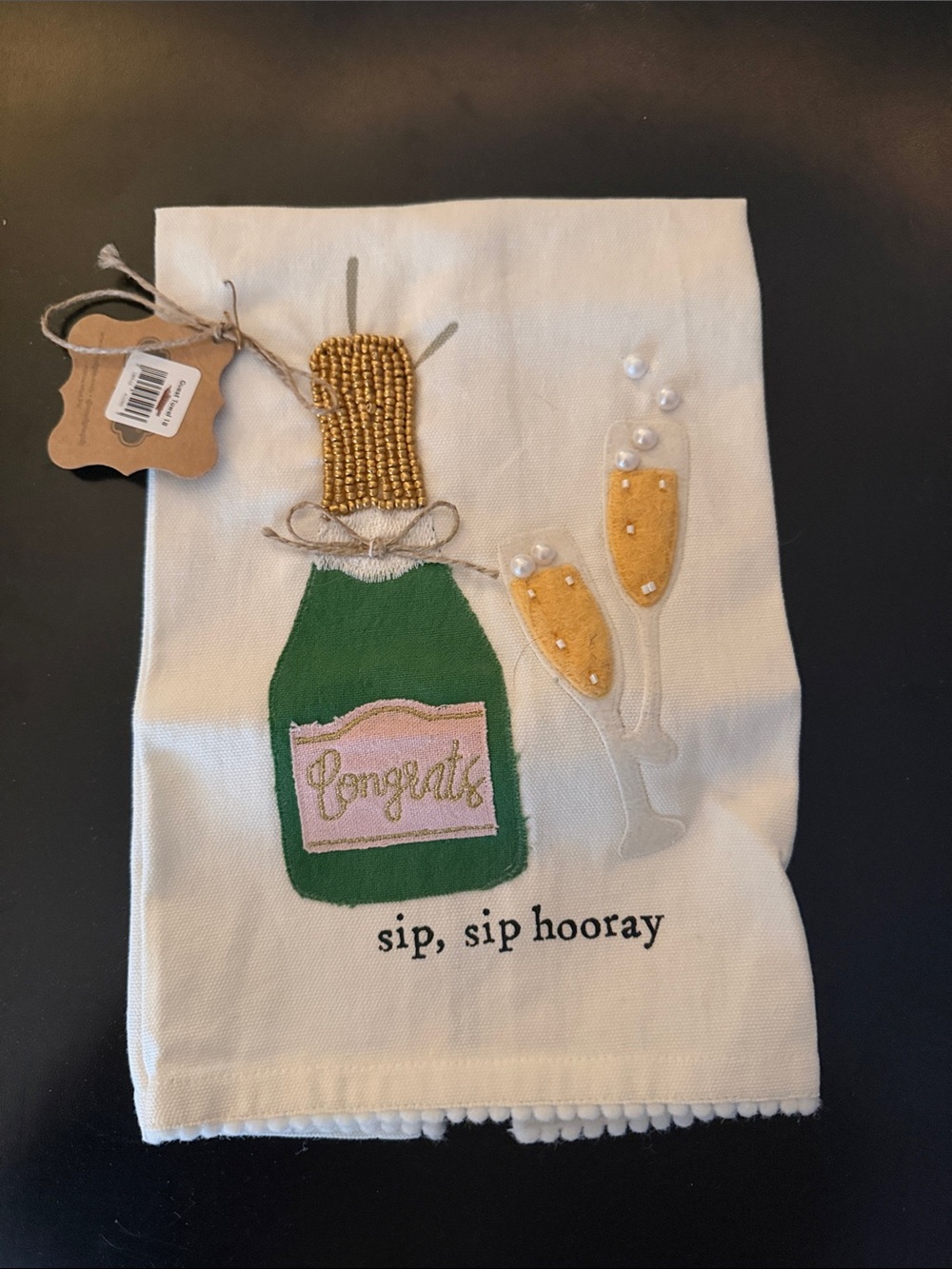 Decorative 'Congrats' Champagne Bottle Kitchen Towel - White/Green/Gold